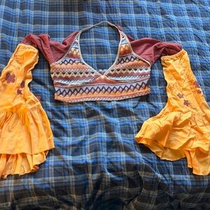Hand-made orange + burgundy crop top with bell sleeves, sewn on flower patches.